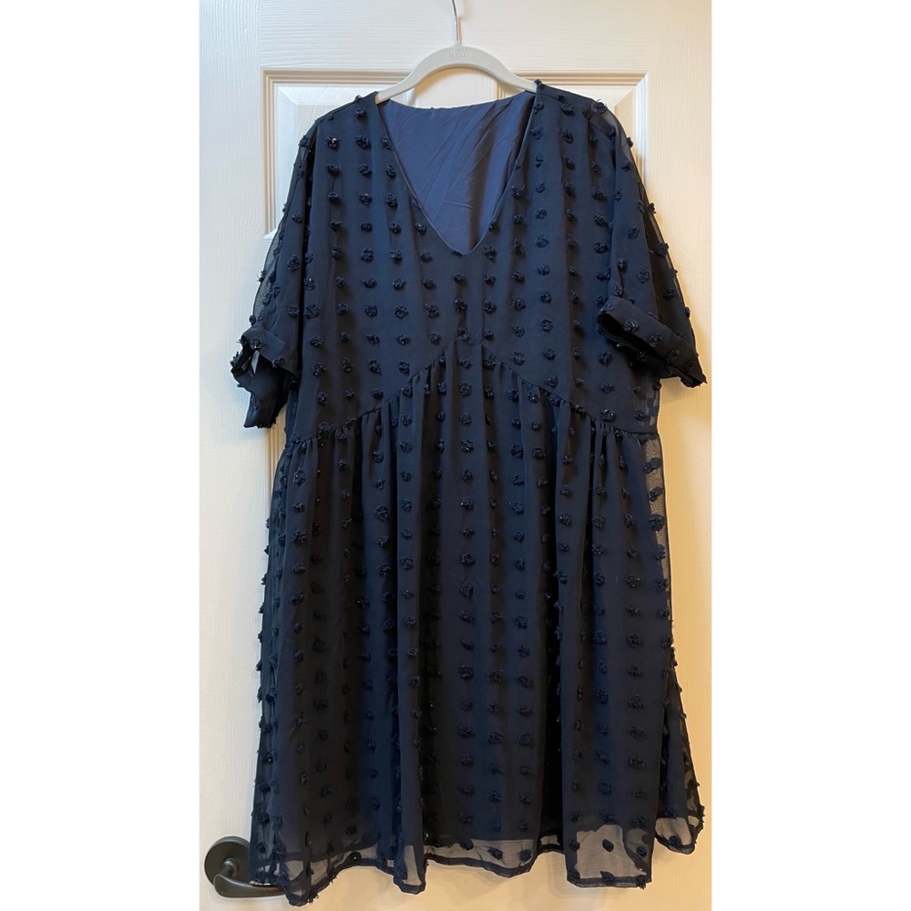 Swiss Dot Navy Short V-Neck Dress